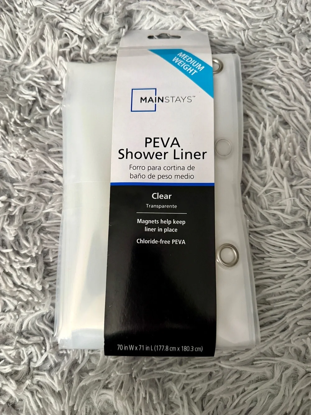 Mainstays Medium Weight Shower Liner Clear PEVA 70 x 71 w/ Magnets & Suction new